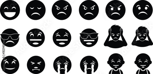 Emoticon grid, expressive faces, emotional icons, black line style, mood symbols, cartoon expressions, vector illustration