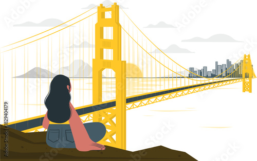 Woman observing a magnificent yellow suspension bridge stretching towards a distant metropolitan skyline, embodying wanderlust and the beauty of architectural marvels and scenic vistas