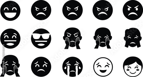Emoticon faces, expressive emotions, black line icons, mood symbols, facial expressions grid, minimal style vector illustration