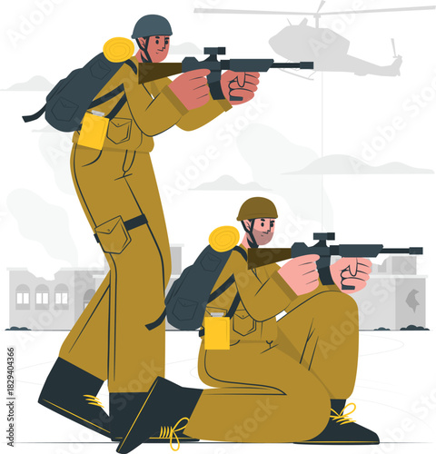 Two military soldiers aiming rifles in a war zone with a helicopter silhouette