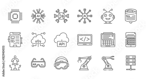 Modern artificial intelligence and robotics vector icon set, depicting advanced technology, data solutions, cloud computing, and futuristic digital innovation