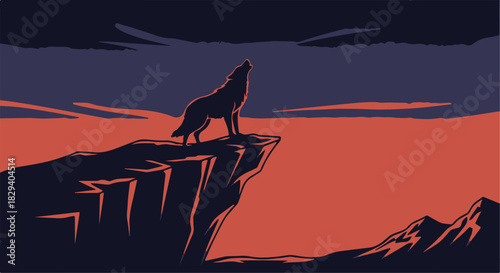 Majestic lone wolf silhouette howling on a rocky cliff under dramatic sunset sky. isolated PNG with Transparent Background