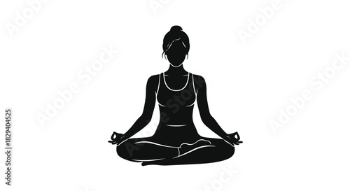 Black silhouette of woman meditating in lotus pose for mental health and wellness design isolated PNG with Transparent Background