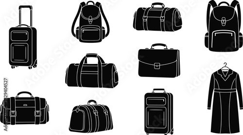 Travel bags and coat icons, suitcase, duffel, backpack, briefcase, fashion silhouette, black vector illustration