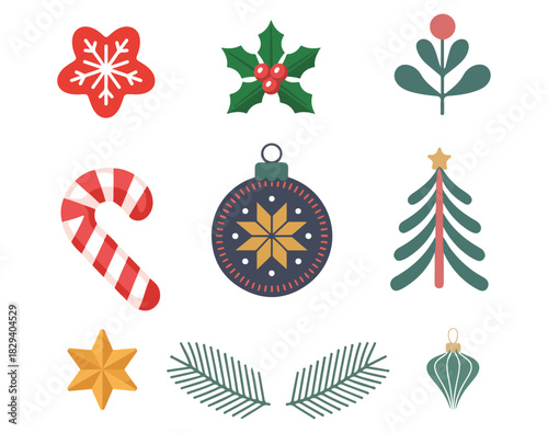 Christmas Icon Set, Festive Ornaments, Candy Cane, Holly and Holiday Decorations.