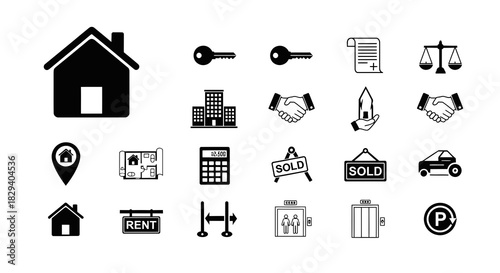 A comprehensive vector icon set featuring essential real estate elements, property transactions, housing symbols, and finance tools for business applications