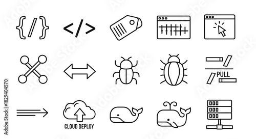 A versatile collection of thin line vector icons representing software development, coding, and web technology