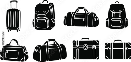 Travel bags and luggage icons, suitcase, backpack, duffel styles, black silhouette design, vector illustration