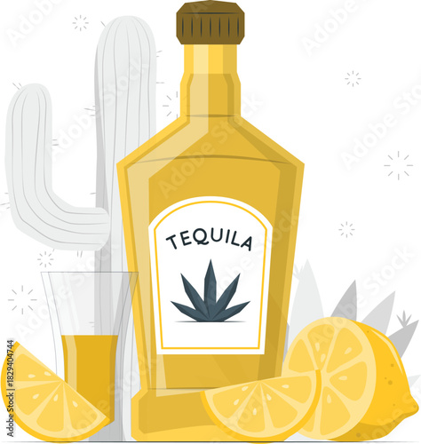 Mexican tequila bottle, shot glass, lemon, cactus vector art illustration