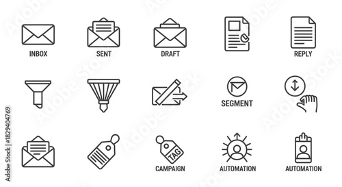 Vector icon collection for email marketing services including inbox, sent, draft, automation, and campaign symbols
