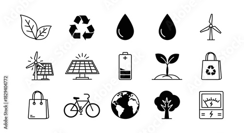A collection of thin line icons representing ecology, sustainability, and renewable green energy concepts vector