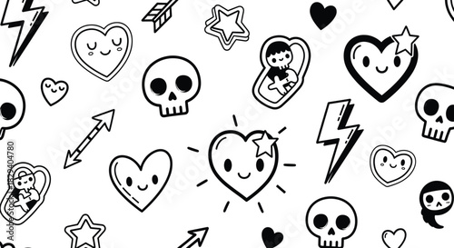 Whimsical cartoon icon pattern, hearts, skulls, stars, lightning bolts, playful contrast, black vector illustration