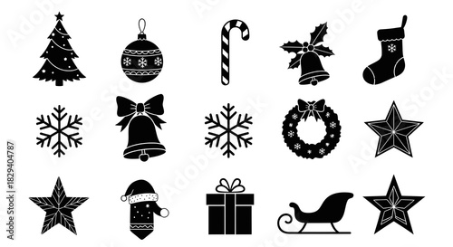 Festive Black and White Christmas Vector Icon Set Holiday Celebration Elements