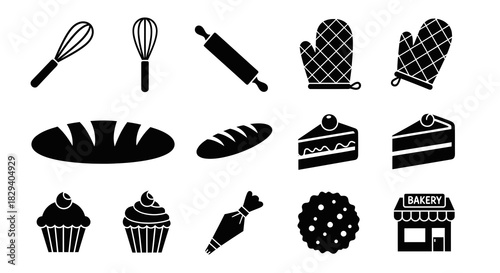 Vector icon set of baking and bakery essentials. Kitchen tools, bread, cakes, cupcakes, and a shop silhouette for culinary designs