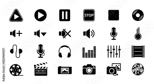 Sleek and comprehensive vector icon set featuring essential media player controls, audio settings, and video production tools for modern digital applications