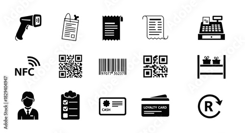 Retail and Business Icons Vector Set Payment, Scanning, and Management