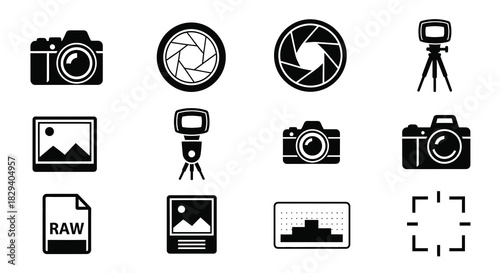 Photography Elements Vector Set Camera, Lens, and Tripod Icons for Design Projects