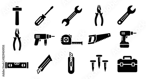Comprehensive collection of essential construction and repair tools vector silhouette icons set, perfect for DIY projects, workshops, and general maintenance