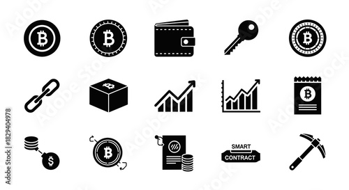 Modern Vector Icon Collection Illustrating Cryptocurrency Concepts, Blockchain Technology, Digital Finance, Decentralized Ledger, and Web3 Ecosystem Elements for Business and Investment