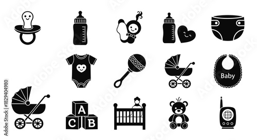 Set of baby icons in black and white vector graphics for digital and print use