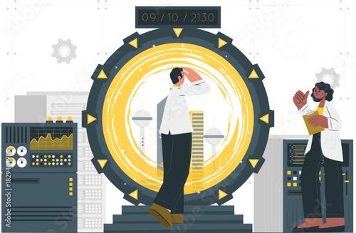 Scientists pioneer time travel technology, opening a temporal gateway to view a futuristic city in the year 2150