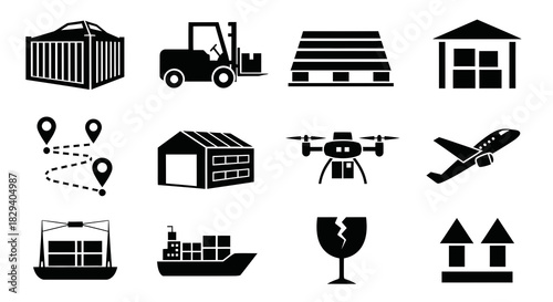 Shipping and Logistics Vector Icons Cargo Containers, Forklifts, and Delivery Symbols Collection