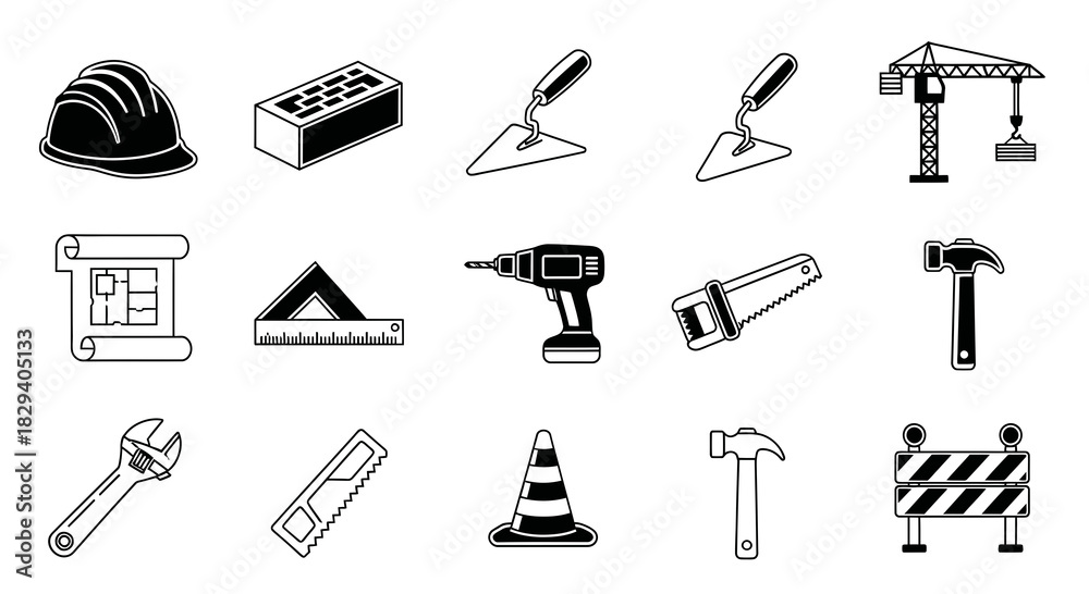 Obraz premium Detailed collection of essential construction and building tools vector icons, perfect for renovation, engineering, and home improvement projects