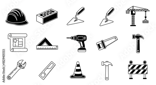 Detailed collection of essential construction and building tools vector icons, perfect for renovation, engineering, and home improvement projects