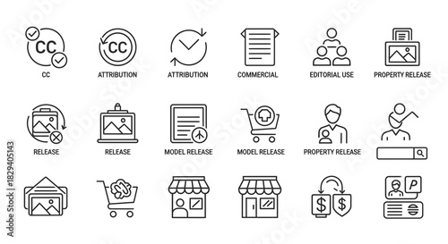 A professional vector line icon set illustrating digital media rights, including copyright, commercial use, and legal release agreements