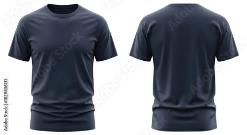 Navy Blue T-Shirt Mockup Front and Back View on White Background Displaying Apparel
