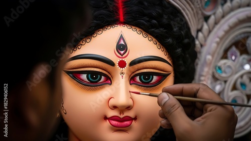 Close up of durga idol face being painted for durga puja festival