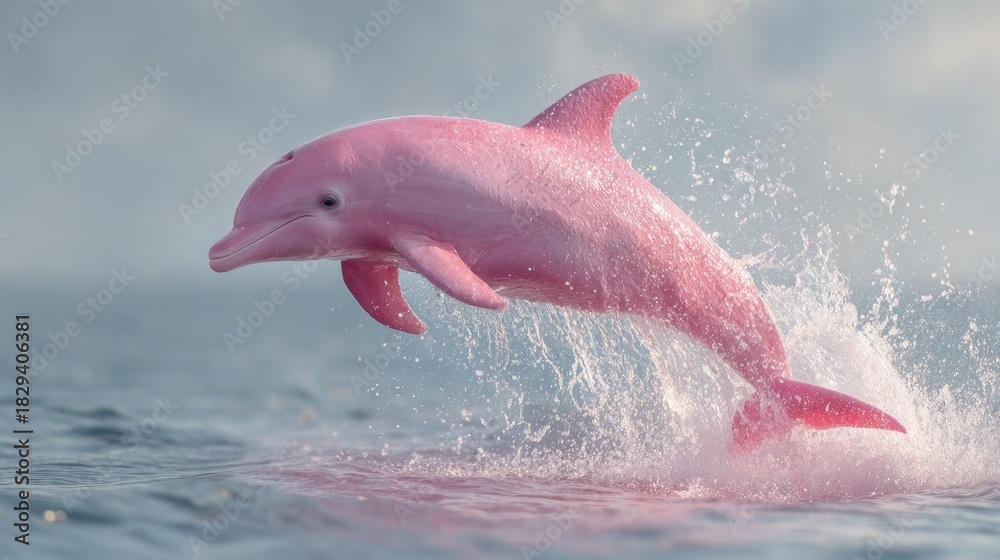 Fototapeta premium Pink dolphin leaping from water marine mammal displaying dynamic action