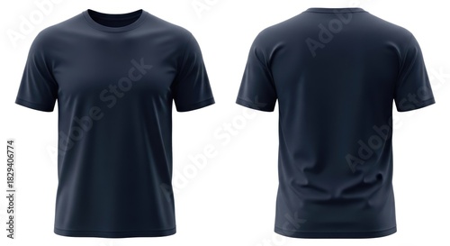 Realistic presentation of a dark blue t-shirt mockup design, showing front and back views with
