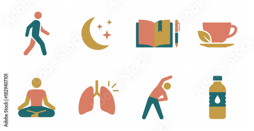 Healthy lifestyle icons exercise meditation diet and rest