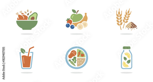 Healthy food illustrations bowl fruits grains juice plate and water bottle