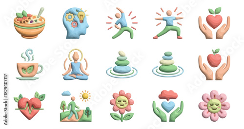 Healthy living icons illustrating wellness and balance elements