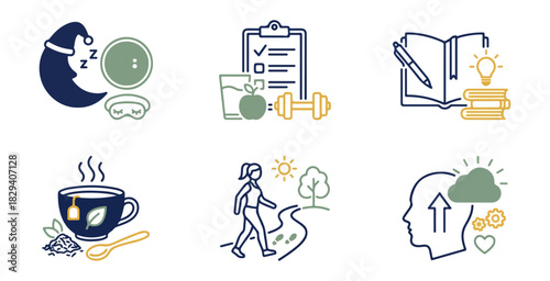 Icon set wellness fitness and productivity symbols