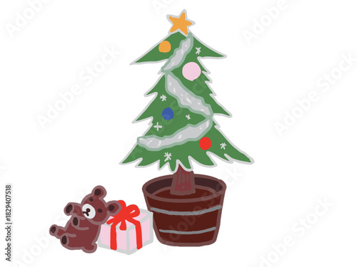 Christmas tree, bear doll and gift box illustration
