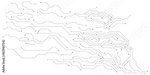 Flat microelectronics circuit board banner isolated on transparent background. The geometric texture of modern digital technology, computer, motherboard, or high-tech technology. Vector illustration