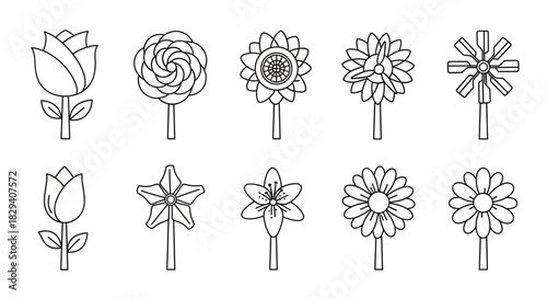 Simple Line Art Flower Icons Set