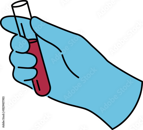Flat Design Vector of Gloved Hand Holding Blood Sample Test Tube
