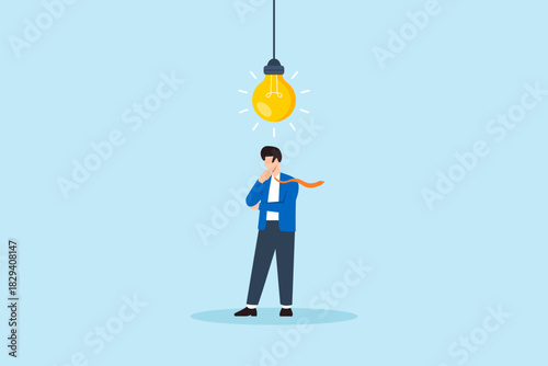 Flat illustration of businessman thinking under hanging light bulb symbolizing idea inspiration problem solving innovation and decision making