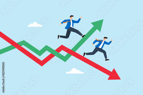 Flat illustration of businessmen running on rising and falling graph arrows symbolizing market trend and business risk