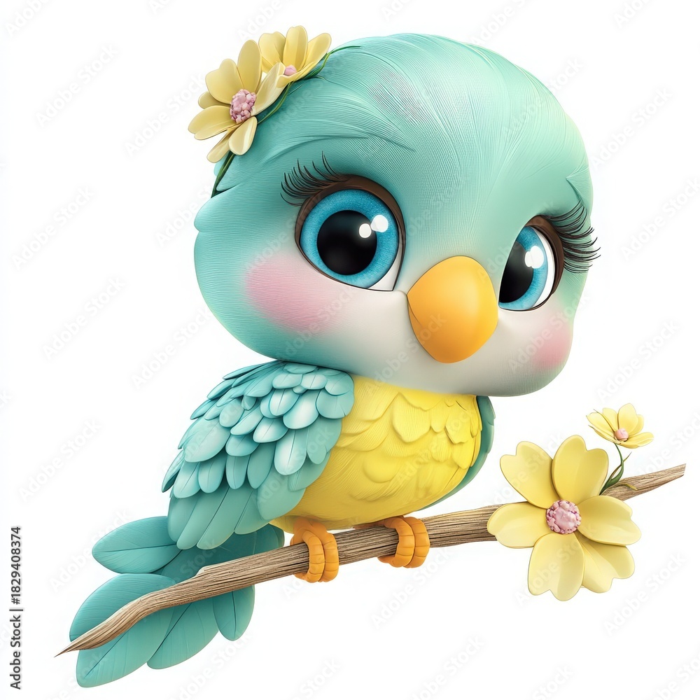 Obraz premium Adorable cartoon bird with big blue eyes perched on a flower branch, perfect for children's books, springtime cards, and delightful storybook illustrations