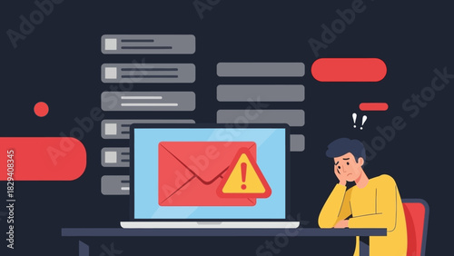 A man sits at a desk with a worried expression, looking at a laptop displaying a red email with a warning sign on the screen, surrounded by abstract shapes on a dark background.