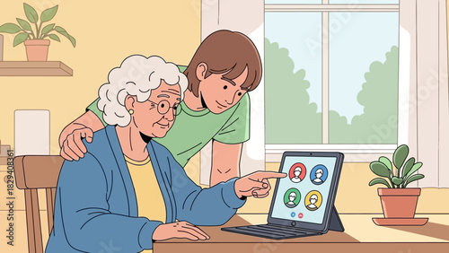 A young boy helping an elderly woman use a tablet in a cozy home setting with a warm atmosphere and natural light.