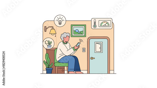 Elderly woman sitting on a chair, holding a tablet in a cozy room with plants and framed pictures on the wall.