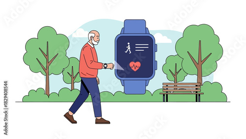 An elderly man walks through a park while checking his smartwatch with a heart rate display on the screen.