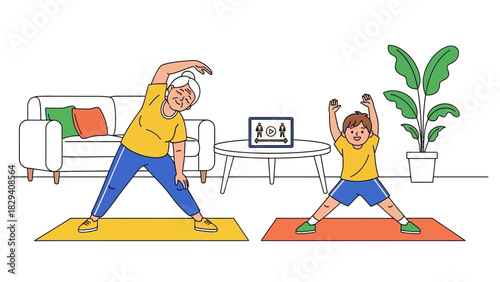 An older woman and a young girl practicing yoga together on colorful mats in a living room with a laptop on a coffee table.