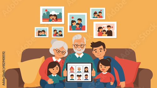 Illustration of a multi-generational family gathered on a couch looking at a tablet with family photos on the screen and framed pictures on the wall.